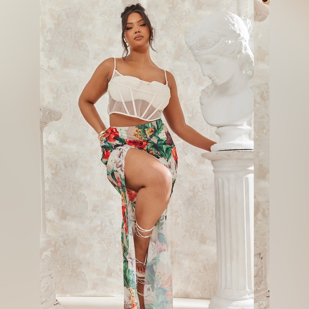 PrettyLittleThing Multi-Floral Wrap Maxi Skirt with High Split